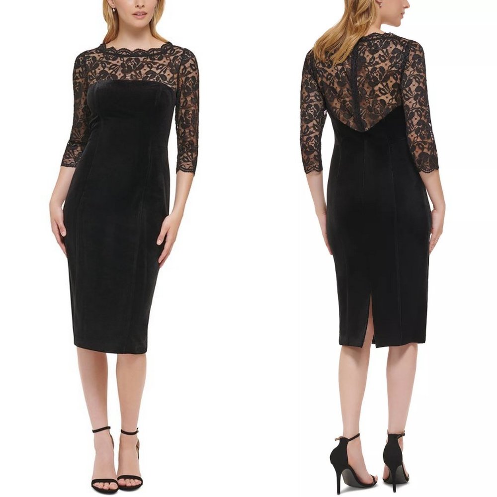 Eliza J Lace Trim Velvet Cocktail Dress